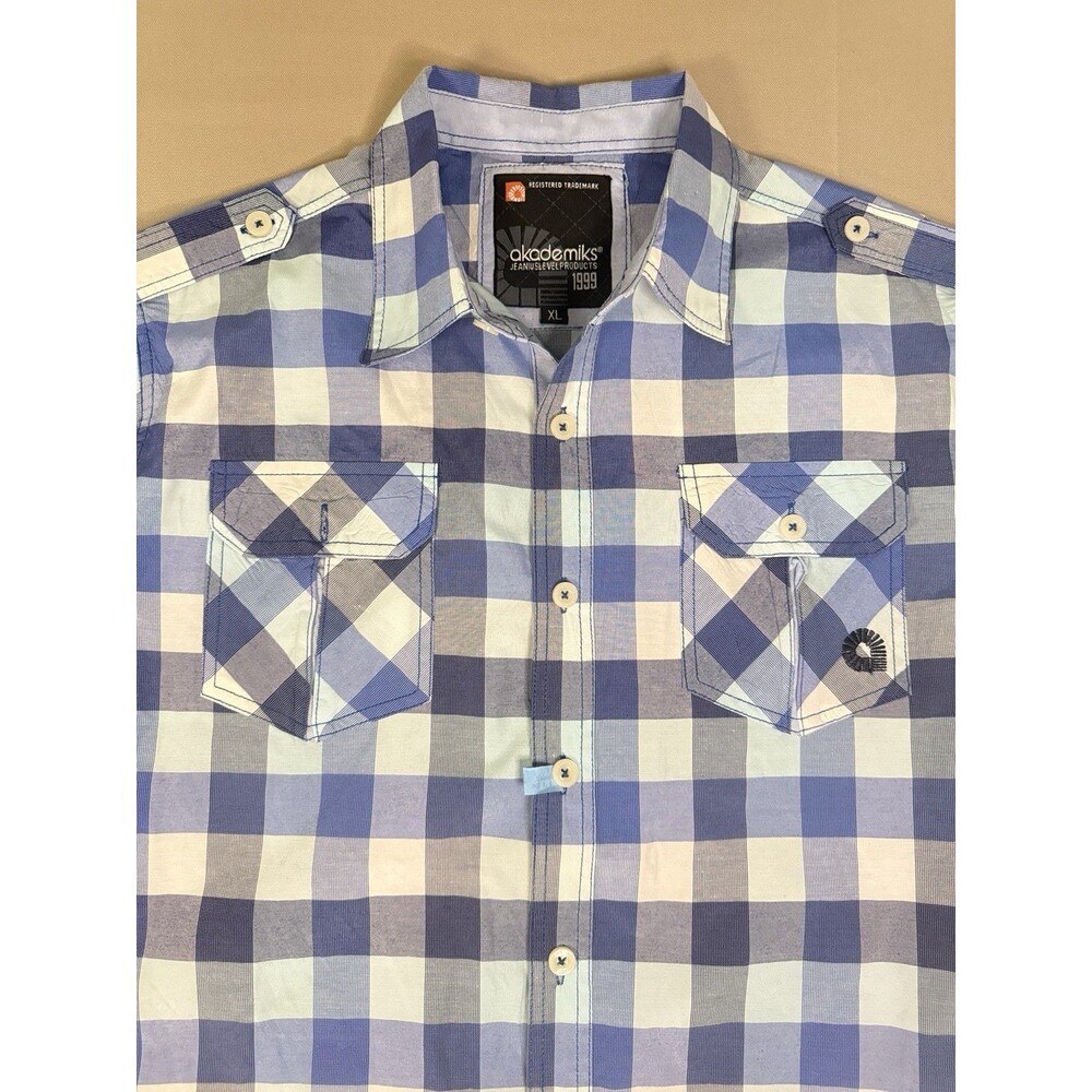 Akademiks Y2K Era Vintage Button Up Shirt Streetwear Trend Blue Plaid XL